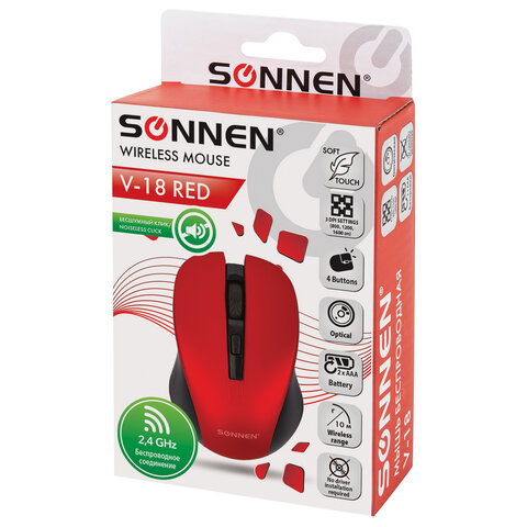 Мышь беспроводная с бесшумным кликом SONNEN V18, USB, 800/1200/1600 dpi, 4 кнопки, красная, 513516 - фото 11