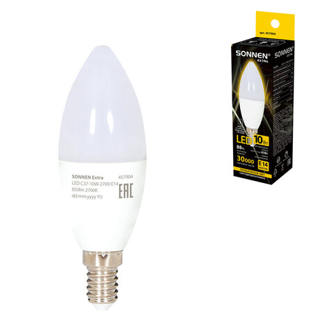 Лампа светодиодная SONNEN EXTRA, 10 (85) Вт, Е14, свеча, теплый белый, 30000 ч, LED C37-10W-2700-Е14, 457904 - фото 1