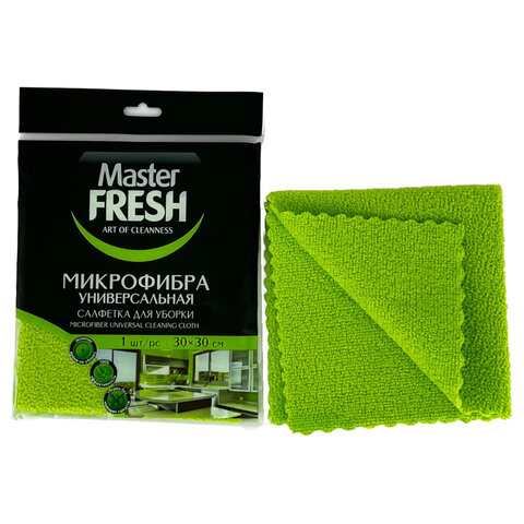 Салфетка из МИКРОФИБРЫ для стекол и зеркал 30х30 см, зеленая, 280 г/м2, Master FRESH - фото 1