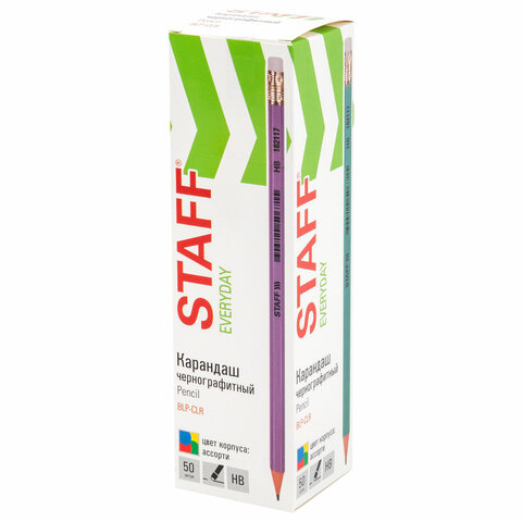 Карандаш чернографитный с ластиком STAFF EVERYDAY BLP-CLR, 1 шт., НВ, цвет корпуса ассорти, 182117 - фото 3