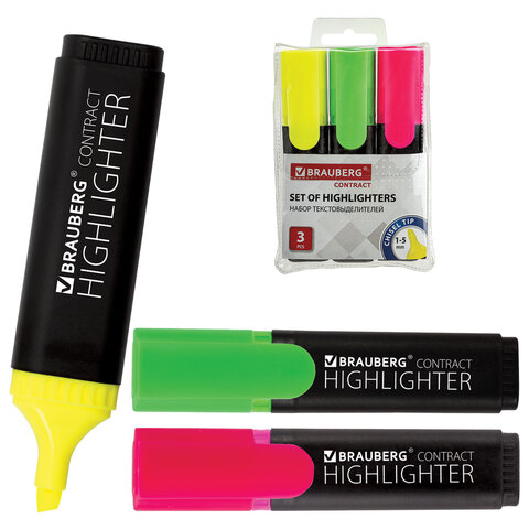 Набор текстовыделителей BRAUBERG 3 шт., АССОРТИ, "Contract", линия 1-5 мм, 150395 - фото 1