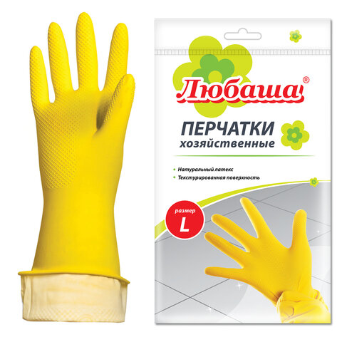 Перчатки МНОГОРАЗОВЫЕ латексные ЛЮБАША "ЭКОНОМ", хлопчатобумажное напыление, размер 8-9, L (большой), желтые, вес 32 г, 603785 - фото 1
