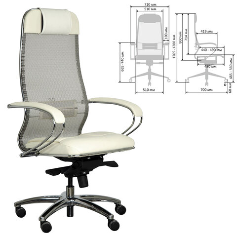 Кресло офисное МЕТТА "SAMURAI" SL-1, сверхпрочная ткань-сетка/экокожа, бежевое - фото 3