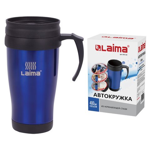 Автокружка 400 мл, термостакан с ручкой, винтовая крышка-клапан, пластик/сталь, синяя, LAIMA, 605128. - фото 1