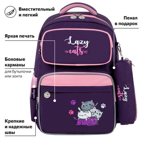 Рюкзак ЮНЛАНДИЯ COMPLETE, с пеналом в комплекте, эрго-спинка, "Cat pile", 42х29х14 см, 272056 - фото 13