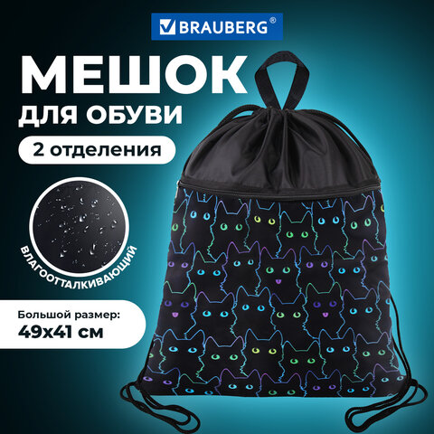 Мешок для обуви BRAUBERG БОЛЬШОЙ, с ручкой, карман на молнии, сетка, 49х41 см, "Cats", 271059 - фото 7