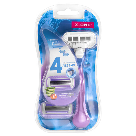 Бритвенный станок многоразовый женский, 4 лезвия, 2 кассеты, плавающая головка, X-ONE (ИКС-УАН), 700018 - фото 1