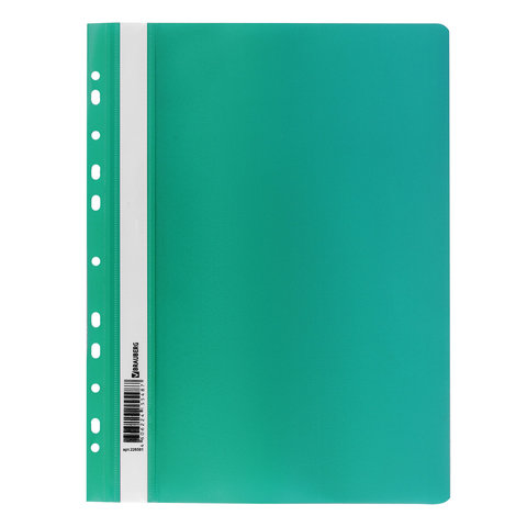 Скоросшиватель пластиковый с перфорацией BRAUBERG, А4, 140/180 мкм, зеленый, 226581 - фото 1