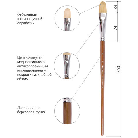 Кисть художественная профессиональная BRAUBERG ART CLASSIC, щетина, овальная, № 24, длинная ручка, 200738 - фото 4