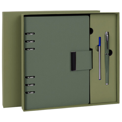 Ежедневник на кольцах в наборе с ручкой А5, 165x229 мм, BRAUBERG "Lux", под кожу, 100 листов, зеленый, 116858 - фото 1