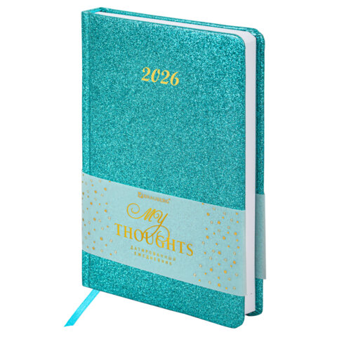 Ежедневник датированный 2026, А5, 138x213 мм, BRAUBERG "Sparkle", под кожу, блестки, бирюзовый, 117439 - фото 1