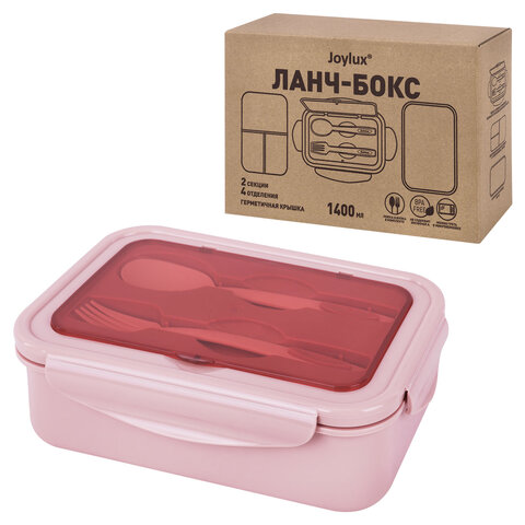 Ланч-бокс контейнер, 2 секции, 3+1 отделения, 1,4 л, ложка, вилка, 7х21х14 см, розовый, JOYLUX (ДЖОЙЛЮКС), 609348 - фото 1