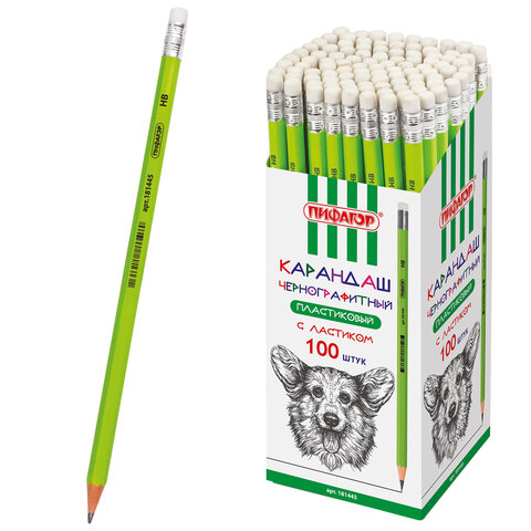 Карандаш чернографитный ПИФАГОР, 1 шт., НВ, пластиковый, корпус салатовый, с ластиком, 181445 - фото 1