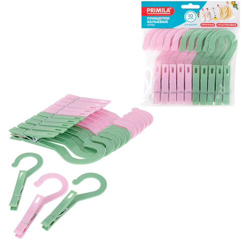 Прищепки бельевые с крючком 13 см, КОМПЛЕКТ 10 штук, пластик, ассорти, PRIMILA (ПРИМИЛА) EXTRA, 700519 - фото 1
