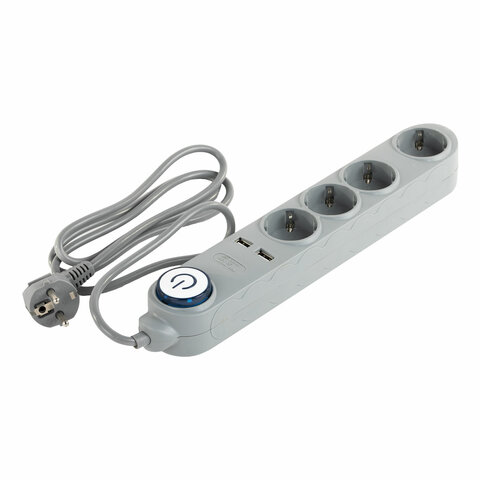 Сетевой фильтр SONNEN DX04, 4 розетки, 2 USB-порта, с заземлением, 10 А, 1,5 м, графит, 513493 - фото 2