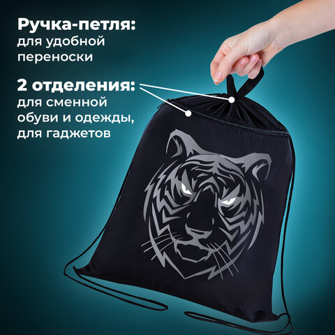 Мешок для обуви BRAUBERG, с петлёй, карман на молнии, 47х37 см, "Tiger", 271610 - фото 10