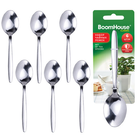 Ложки чайные CLASSIC, НАБОР 6 шт., на подвесе, нержавеющая сталь, серебристые, BOOMHOUSE (БУМХАУС), 702282 - фото 1