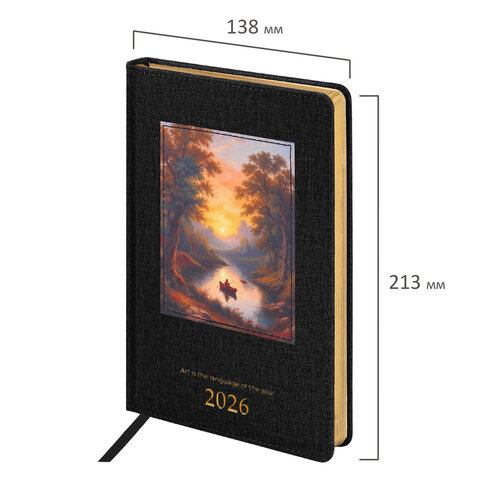 Ежедневник датированный 2026 А5 138х213 мм, BRAUBERG "ArtGallery", под кожу, нашивка, черный, 117405 - фото 2