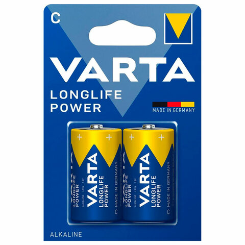 Батарейки алкалиновые КОМПЛЕКТ 2 шт., VARTA LONGLIFE POWER, C (LR14, 14А), блистер, 4914121412 - фото 1