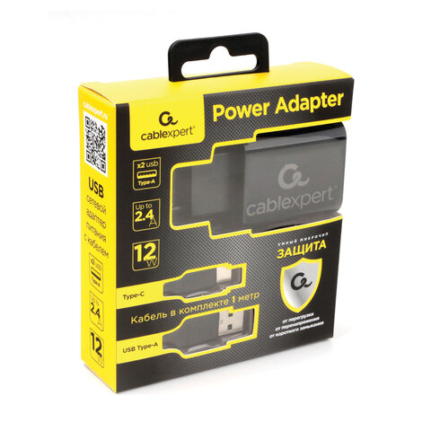 Зарядное устройство CABLEXPERT 12 Вт, 2.4 А, 2 х USB, кабель Type-C, 1 м, черный, коробка-блистер, MP3A-PC-37 - фото 3