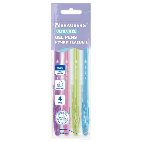 Ручки гелевые "BRAUBERG ULTRA GEL PASTEL", НАБОР 4 ШТУКИ, СИНИЕ, стандартный наконечник 0,5 мм, линия письма 0,35 мм, 144282 - фото 1