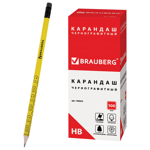 Карандаш чернографитный BRAUBERG, 1 шт., "Смайлики", НВ, c ластиком, корпус желтый, заточенный, 180654 - фото 1