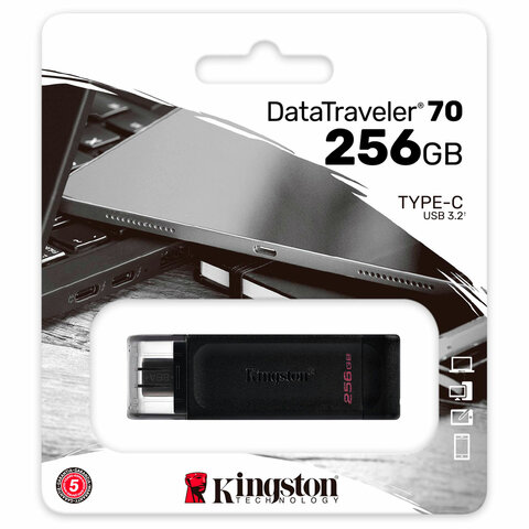 Флеш-диск 256 GB KINGSTON DataTraveler 70, разъем Type-C 3.2, черный, DT70/256GB - фото 1