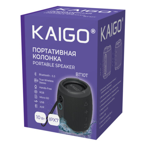 Колонка портативная влагозащищенная KAIGO (КАЙГО) BT10T, 10 Вт, Bluetooth, USB, Micro SD, AUX, RGB, TWS, IPX7, черная, 514224 - фото 7
