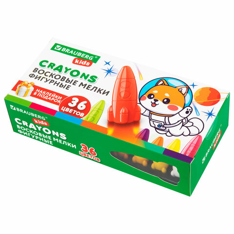 Восковые мелки фигурные BRAUBERG KIDS "РАКЕТА", НАБОР 36 цветов + НАКЛЕЙКИ В ПОДАРОК, 273084 - фото 1