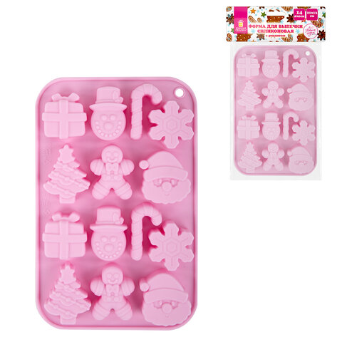 Форма для выпечки новогодняя 21х13 см "Xmas Sweets", силикон, 14 ячеек, рецепт, ЗОЛОТАЯ СКАЗКА, 592471 - фото 1