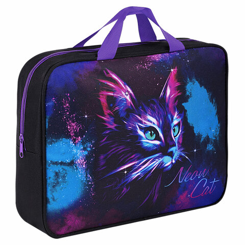 Папка на молнии с ручками BRAUBERG А4, 1 отделение, полиэстер, 80 мм, "Neon cat", 271482 - фото 1