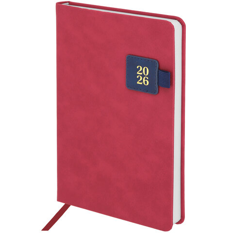 Ежедневник датированный 2026 А5 138х213 мм, BRAUBERG "Accent", под кожу, держатель, красный/синий, 117384 - фото 1