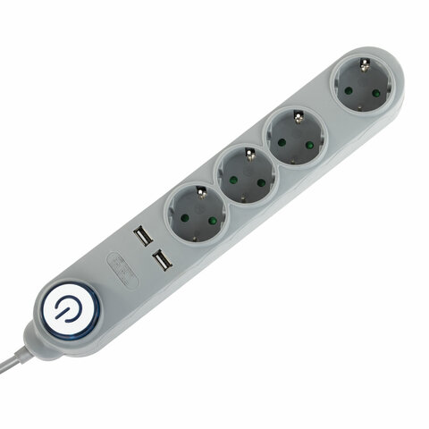 Сетевой фильтр SONNEN DX04, 4 розетки, 2 USB-порта, с заземлением, 10 А, 1,5 м, графит, 513493 - фото 3