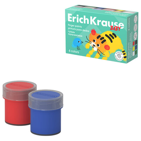 Гуашь пальчиковая ERICH KRAUSE "Baby" с алоэ вера, 6 цветов по 20 мл, картонная упаковка, 61399 - фото 1
