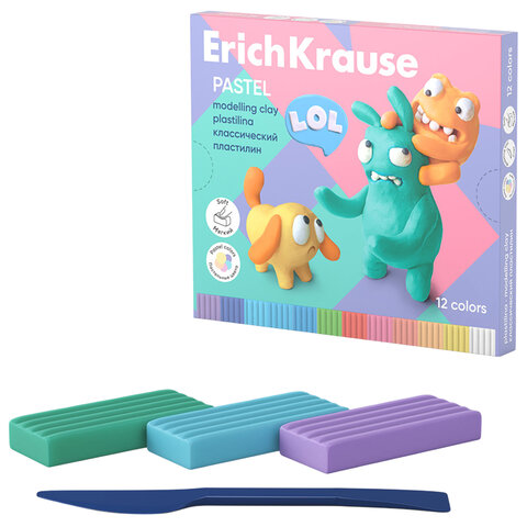 Пластилин классический ERICH KRAUSE "Jolly Friends pastel", 12 цветов, 216 г, со стеком, 61352 - фото 1