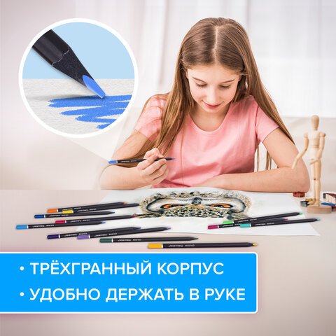 Карандаши цветные чёрное дерево BRAUBERG BLACK WOOD, 24 цвета, трехгранные, мягкий грифель 3 мм, 181949 - фото 9
