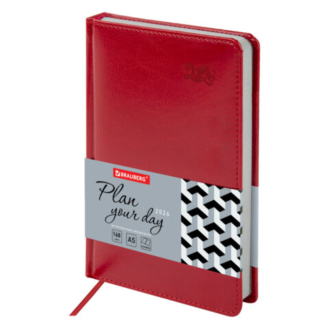 Ежедневник датированный 2026, А5, 138x213 мм, BRAUBERG "Rainbow", под кожу, красный, 117077 - фото 1
