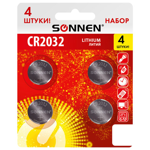Батарейки литиевые SONNEN Lithium CR2032, "таблетки, дисковые, кнопочные", КОМПЛЕКТ 4 шт., блистер, 457142 - фото 1