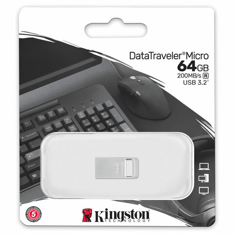 Флеш-диск 64 GB, KINGSTON DataTraveler Micro USB 3.2, металлический корпус, серебристый, DTMC3G2/64GB - фото 1