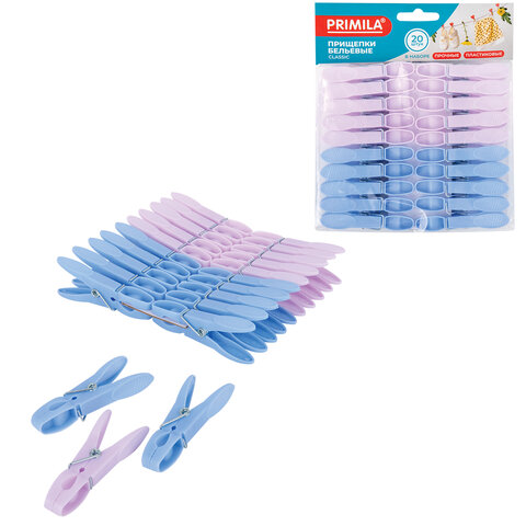 Прищепки бельевые 7,3 см, КОМПЛЕКТ 20 штук, пластик, ассорти, PRIMILA (ПРИМИЛА) CLASSIC, 700515 - фото 1