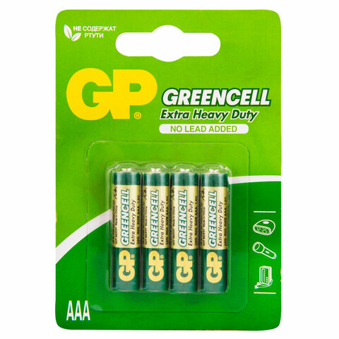Батарейки КОМПЛЕКТ 4 шт., GP GreenCell AAA (R03, 24G), солевые, мизинчиковые, блистер, 24G-2CR4 - фото 1