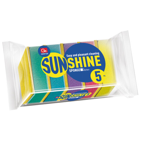 Губки для посуды 80х56х27 мм, КОМПЛЕКТ 5 шт., поролон/абразив, "Sunshine", GRIFON, 910-004 - фото 1
