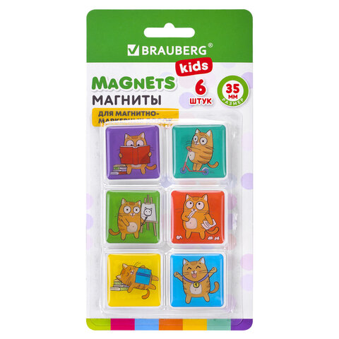 Магниты квадратные стеклянные 35 мм для досок магнитно-маркерных, НАБОР 6 шт., "Кот-энтузиаст" BRAUBERG KIDS, блистер, 272514 - фото 1