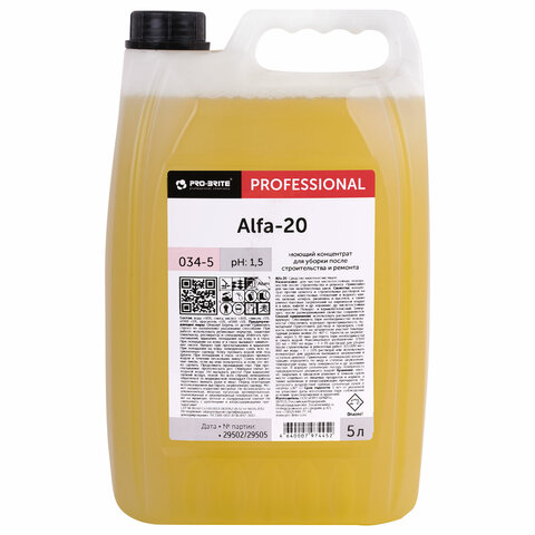 Средство для уборки после строительства моющее, 5 л, PRO-BRITE ALFA-20, кислотное, концентрат, 034-5 - фото 1