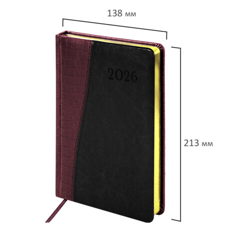 Ежедневник датированный 2026, А5, 138x213 мм, BRAUBERG "Cayman", под кожу, бордовый/черный, 117046 - фото 2