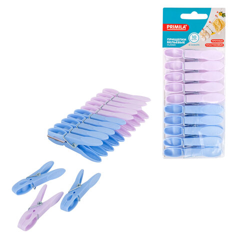 Прищепки бельевые 7,3 см, КОМПЛЕКТ 10 штук, пластик, ассорти, PRIMILA (ПРИМИЛА) CLASSIC, 700516 - фото 1