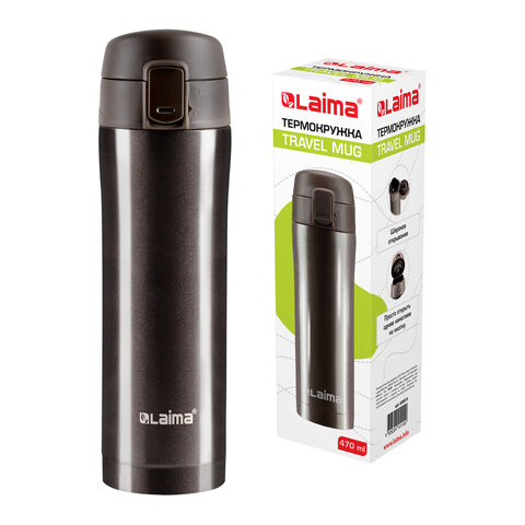Термокружка 470 мл из нержавеющей стали SUS304, шоколадно-коричневый металлик, LAIMA, 608819 - фото 1