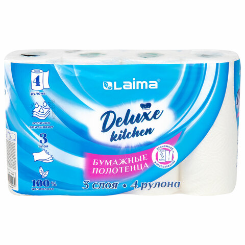 Полотенца бумажные 3-х слойные, 4 рулона по 11 м (отрыв 1/2 листа), LAIMA Deluxe, 100% целлюлоза, 115400 - фото 1