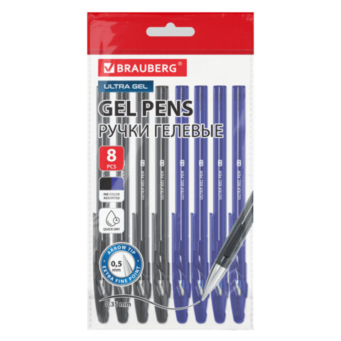 Ручки гелевые BRAUBERG "ULTRA GEL", НАБОР 8 ШТУК (4 СИНИХ, 4 ЧЕРНЫХ), стандартный наконечник 0,5 мм, линия 0,35 мм, 144280 - фото 1