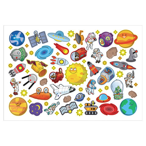 Наклейки бумажные с игровым полем НАБОР, 2 листа, 184 наклеек, "Космическое приключение", HATBER, 2Н5н - фото 2